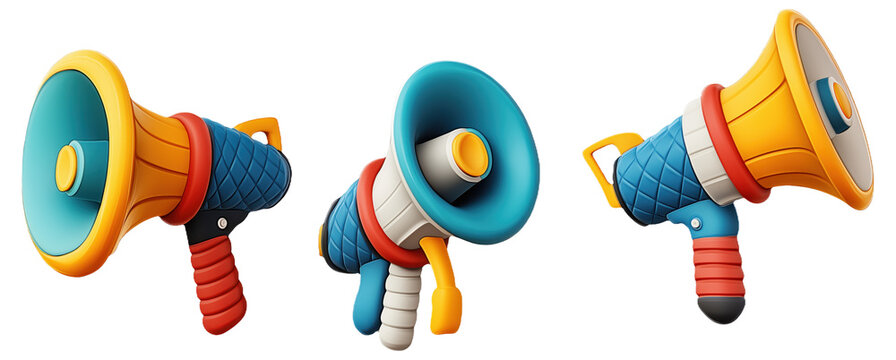 Colorful cartoon megaphones with orange, blue, and red details