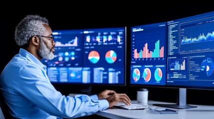 Data Driven Decisions: A mature, focused businessman analyzes data on multiple monitors, demonstrating expertise and strategic thinking in a modern office environment.  