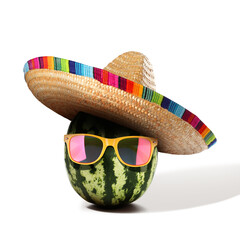 Senor watermelon with Mexican sombrero hat and sunglasses on white background