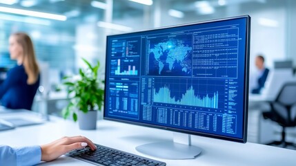 Global Data Insights: A close-up shot of a hand navigating a computer screen displaying a world map and intricate data visualizations.