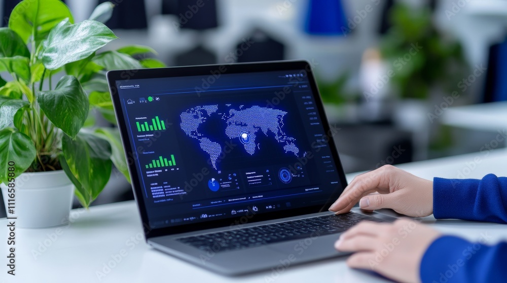 Poster global business analytics: a person analyzes global data on a laptop, showcasing insightful charts a
