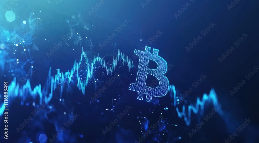 Poster a blue digital background with the bitcoin symbol in front of it, and an illustration of a stock mar