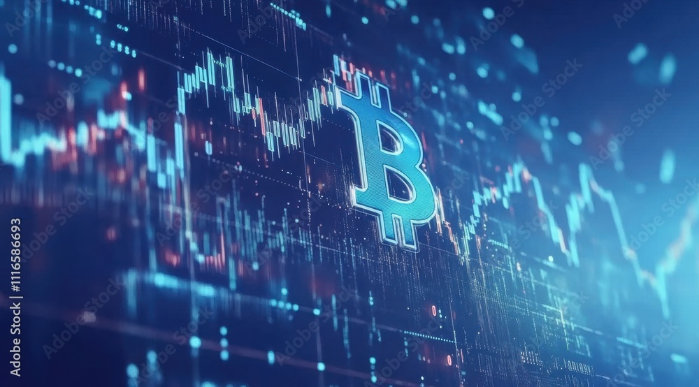 Poster a blue digital background with the bitcoin symbol in front of it, and an illustration of a stock mar