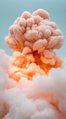 Billowing orange clouds rise dramatically against a clear blue sky, AI