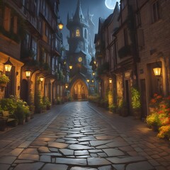 Obraz premium The illuminated stone path stretches through a vibrant urban landscape, inviting travelers to explore the enchanting night and all its mysterious Generative AI 