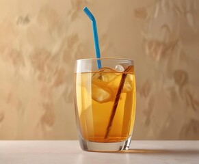 Fototapeta premium A hand holding a curved straw in front of a beige-colored liquid filled glass , drink, dessert, glass