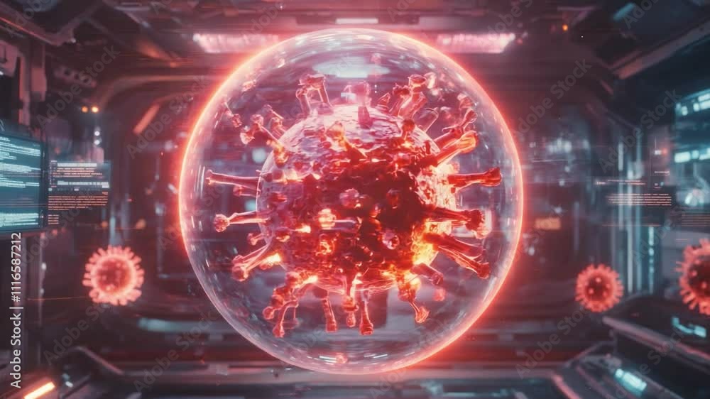 Aufkleber stunning visualization of a red virus floating in a futuristic laboratory environment