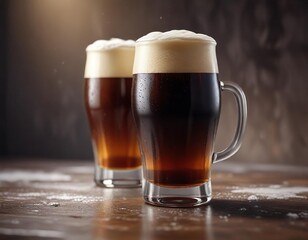Dark beer glass with thick creamy foam on the surface and a hint of condensation, relaxing atmosphere , cream foam, subtle details