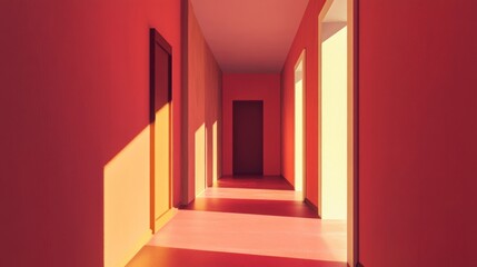 Sunlit red hallway with doors and shadows.