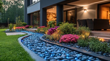Obraz premium Modern home's illuminated garden path with a curved water feature and colorful landscaping at dusk.
