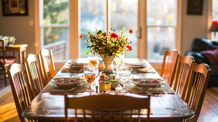 Sunlit dining room table set for a meal with floral centerpiece.