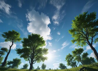 Obraz premium Dichte, gr?ne Baumkronen in einem blauen Himmel, herbstliche Landschaft, Sonne