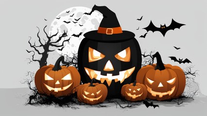 A creepy Halloween party with evil pumpkins, castles and bats. Background with space for text.