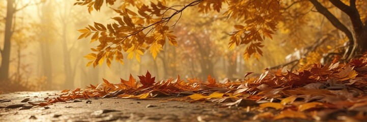 Fototapeta premium Amber hues of autumn leaves against a warm golden background , foliage, amber