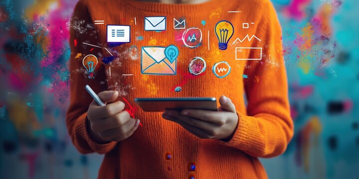 A person in a bright orange sweater holding a digital stylus, interacting with a floating holographic interface