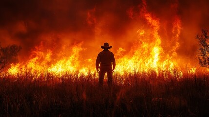 Fototapeta premium Silhouette of person with cowboy hat standing before intense wildfire in field at night. Environmental disaster and climate change concept