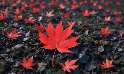 Red maple leaf scattered on a bed of dark green mulch against a clear blue sky, outdoor photography, green mulch, fallen leaves