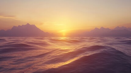 Fototapeta premium Serene sunset over calm ocean waves with distant mountains.