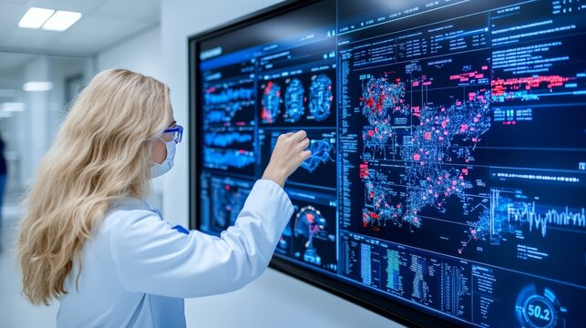 Scientist Analyzing Complex Data on Interactive Display