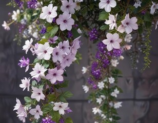 Naklejka premium Dainty white and purple flowers adorn a climbing vine, nature's beauty, floral arrangements
