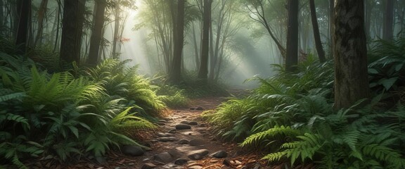 Forest floor covered with fallen bamboo leaves and ferns , ferns, , natural vegetation