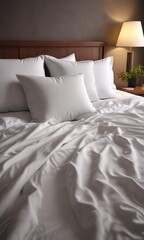 Pillows and blankets scattered on a hotel bed , bedding mess, sleepiness