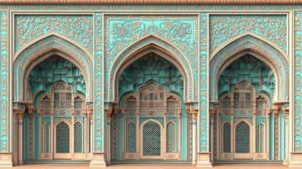 Obraz premium Intricate turquoise and beige Islamic architecture facade with three arched doorways and ornate detailing.