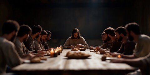 A wide shot of Jesus and His disciples seated at a long table, sharing bread and wine