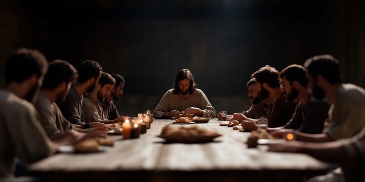 A wide shot of Jesus and His disciples seated at a long table, sharing bread and wine