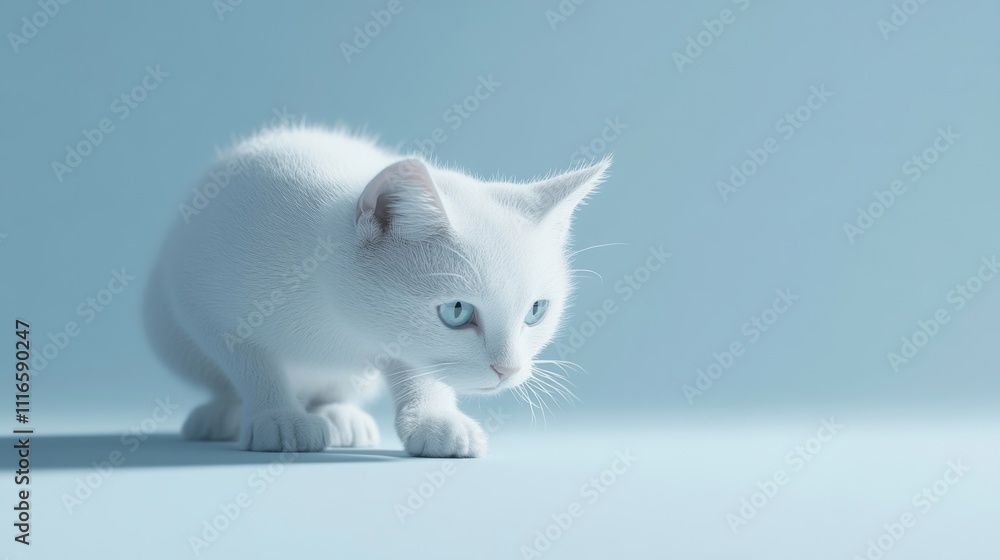 Poster a sharp and minimal 3d view of a crouching white snowshoe cat on a plain surface