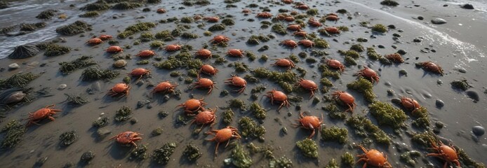 Seaweed-covered mud flat with small crabs and shellfish, bay of fundy, seaweed, mud flat