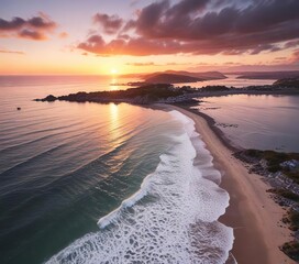 Aerial view of a beach in Plymouth at sunrise, coastal scenery, plymouth, clouds