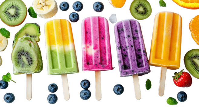 Colorful fruit popsicles, vibrant summer dessert, fresh kiwi slices, blueberries scattered, refreshing and fruity, bright and cheerful, high contrast, top view, white background.