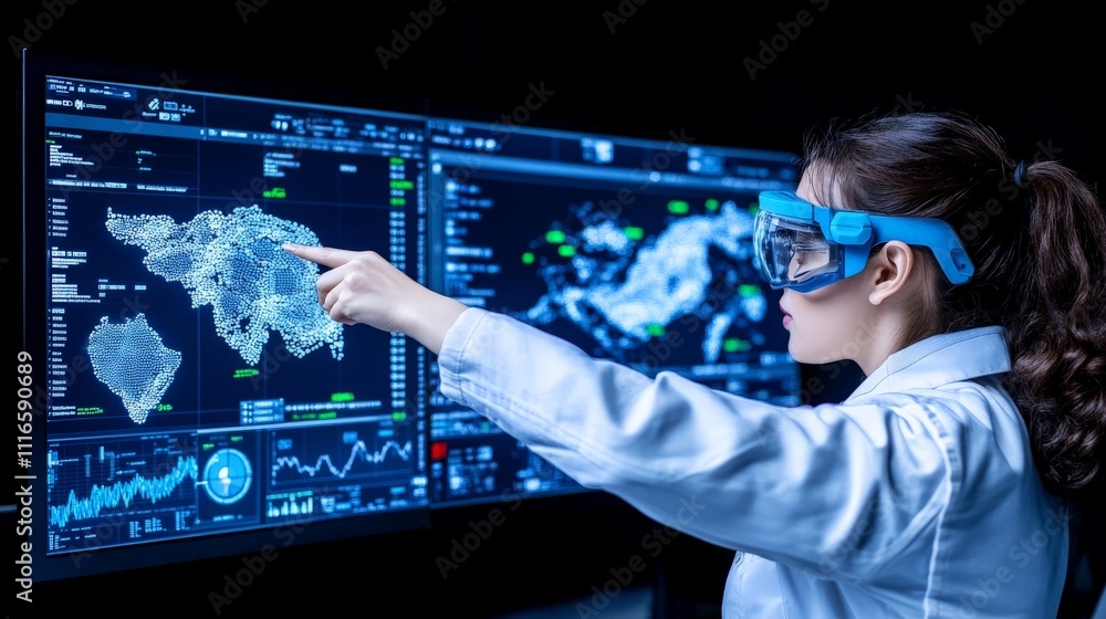 Poster global data analysis: a focused woman scientist, wearing protective goggles, analyzes data on a larg