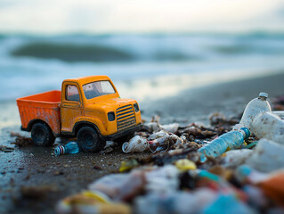 Ugly the river in the forest with plastic, chemical  and and  water pollution  toy boat on the beach