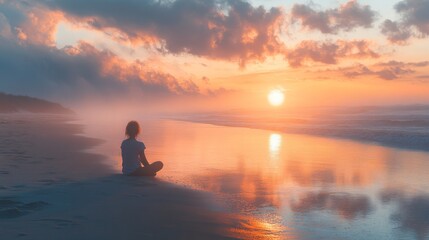 Fototapeta premium As the sun sets on the horizon, a person sits quietly on the shoreline, surrounded by gentle waves and vibrant colors reflecting on the water.
