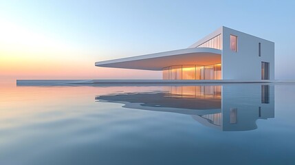 Obraz premium Modern Minimalist House Oceanfront Sunset Reflection Luxury Architecture