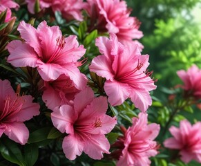 Pink azalea flowers against a green leafy background, botanical gardens, landscape photography