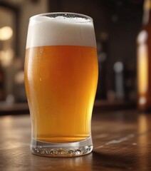 A perfectly rounded head on a glass of frothy beer sits atop the surface in an elegant composition, froth, condensation, ale