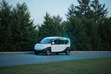 Modern Electric Delivery Vehicle Parked by Lush Green Trees Alongside a Scenic Road, Showcasing Innovative Design and Efficiency for Urban Logistics