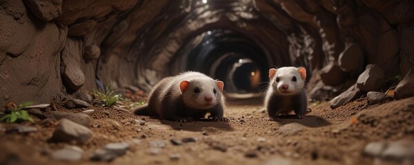 Ferret burrowing underground, tunnels and warren , underground habitat, tunnels