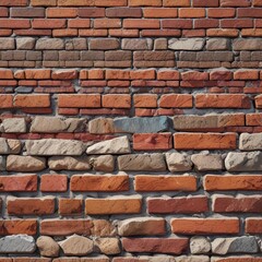 Fototapeta premium Brick wall with uneven bricks and cracked mortar, distressed brick, worn masonry, architectural defect