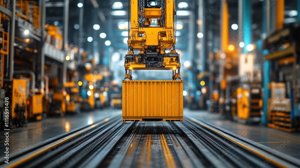 Poster automated factory robotic arm moving container.