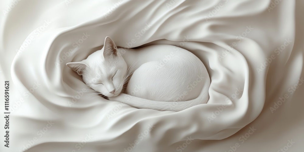 Poster abstract minimalist 3d scene of a white siamese cat curled up in soft textures