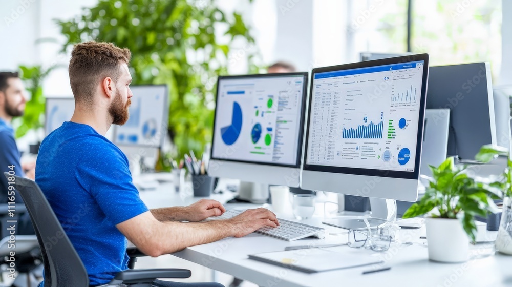 Poster data driven decisions: a focused businessman analyzes charts and data on a large monitor, demonstrat