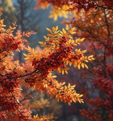 Autumn foliage and berries of Thunberg barberry bush against a colorful background , deciduous trees, fall foliage