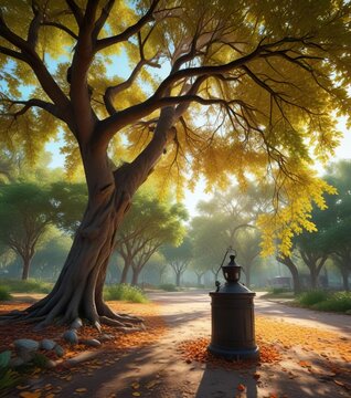 Un basurero vac?o en el techo de un parque con ?rboles frondosos y una l?mpara de aceite , madera, aceite, basurero