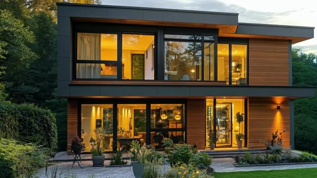 Beautiful modern large eco house with solar panels on the roof and a beautiful green estate, yard.Concept of alternative and renewable energy.
