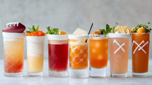 super bowl mocktails, sporty mocktails in themed glassware, with football lace foam art, paired with super bowl snacks make a creative presentation