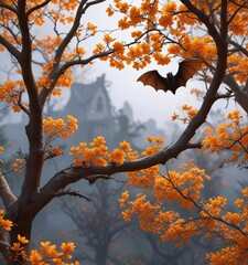 Bats perched on the branches of a tree with bright orange flowers , insectivores, foliage